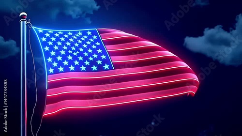 A glowing neon American flag with red and blue lights against a dark background. Independence Day, United States, America, American, USA
