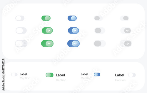 On and Off toggle switch buttons. Green active state and grey inactive state color button set for mobile app and social media. correct and wrong way with tick and cross. Vector illustration