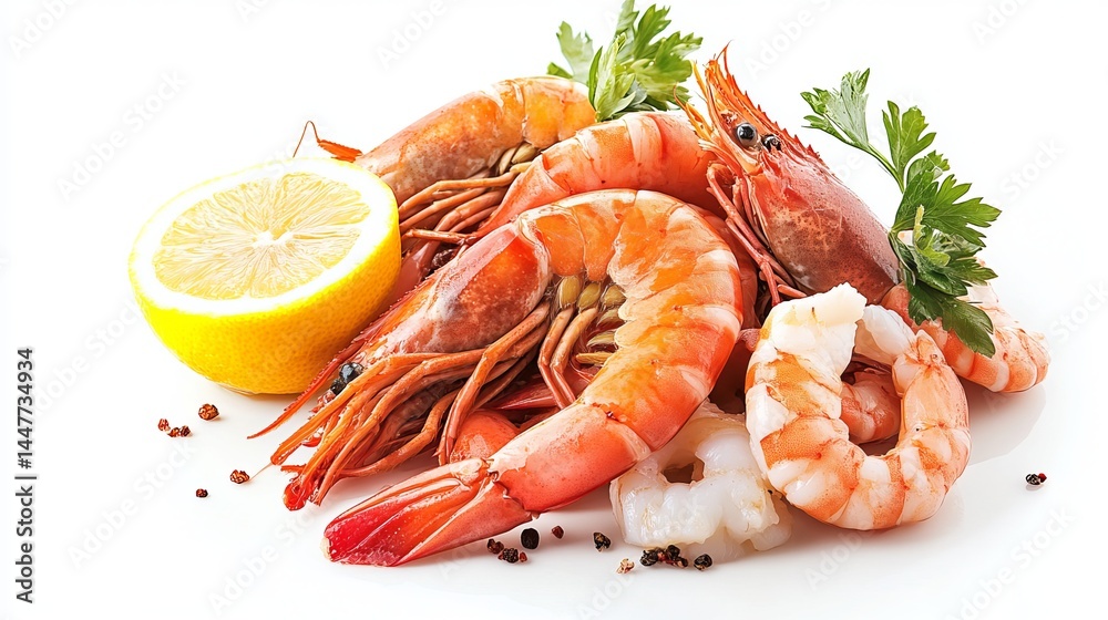 Delicious fresh red shrimps with lemon and parsley garnish seafood gourmet food photography meal high Delicious fresh red shrimps with lemon and parsley garnish seafood gourmet food photography meal high