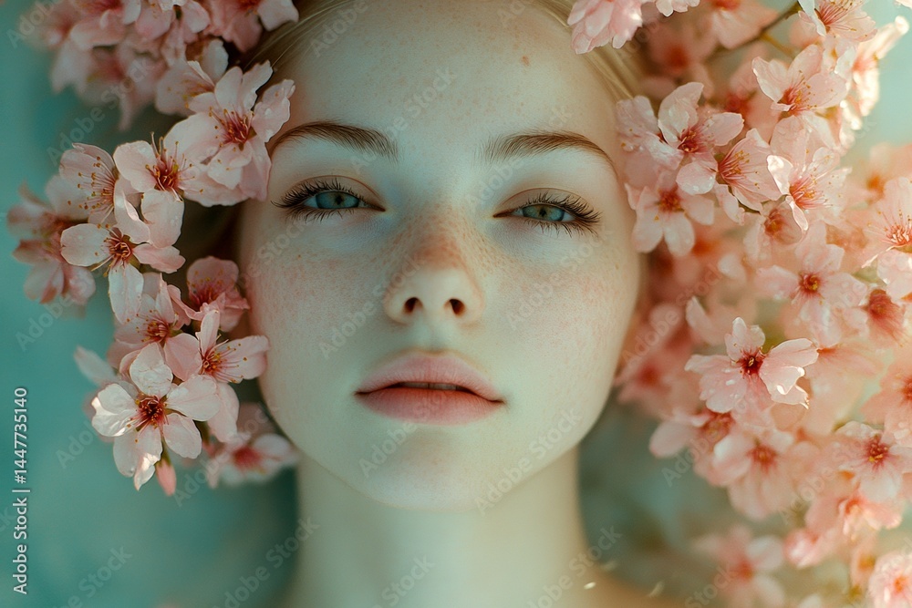 Commercial ad visual idea. Spring mood, morning rays and fog. Stunning caucasian young woman surrounded by cherry blossoms. Woman in spring flowers with bright style.