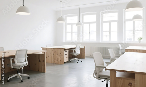 Modern futuristic office interior with innovative furniture designs, polished concrete floors, minimalist aesthetics, and high-tech workspace setup in a bright environment