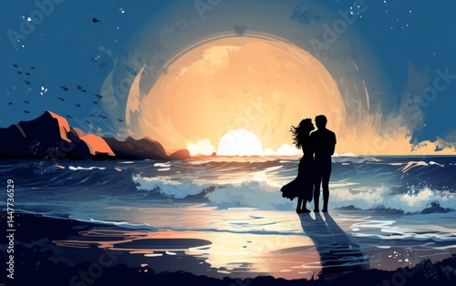 silhouette of a couple in love standing on the seashore against the backdrop of a majestic sunset. Shadows and reflections on the water