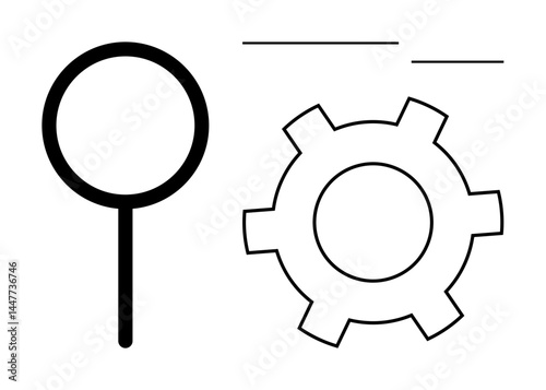 Magnifying glass beside gear conveying search, analysis, technology, innovation. Ideal for research, SEO, strategy, workflow, problem-solving automation simple landing page