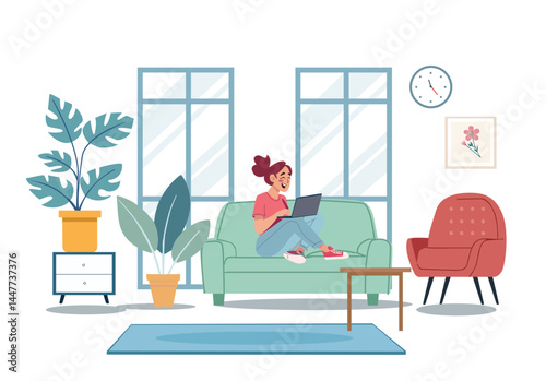  Freelance woman with notebook on sofa at home.
