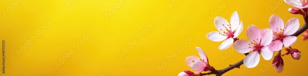 Fototapeta premium Vibrant yellow backdrop, pink & white blossoms , image, floral design, garden