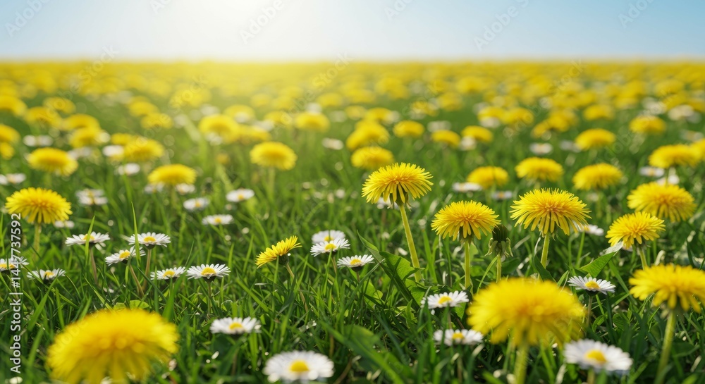 Fototapeta premium Dandelion Field with Sunlight and Blue Sky