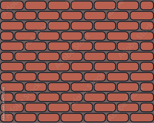 Minimalist repeating brick pattern in muted reddish-brown with dark gray outlines. Rounded rectangular bricks in horizontal rows, flat geometric texture. Simple, uncluttered background design.