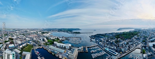 Panoramic view of Plymouth harbor and cityscape.