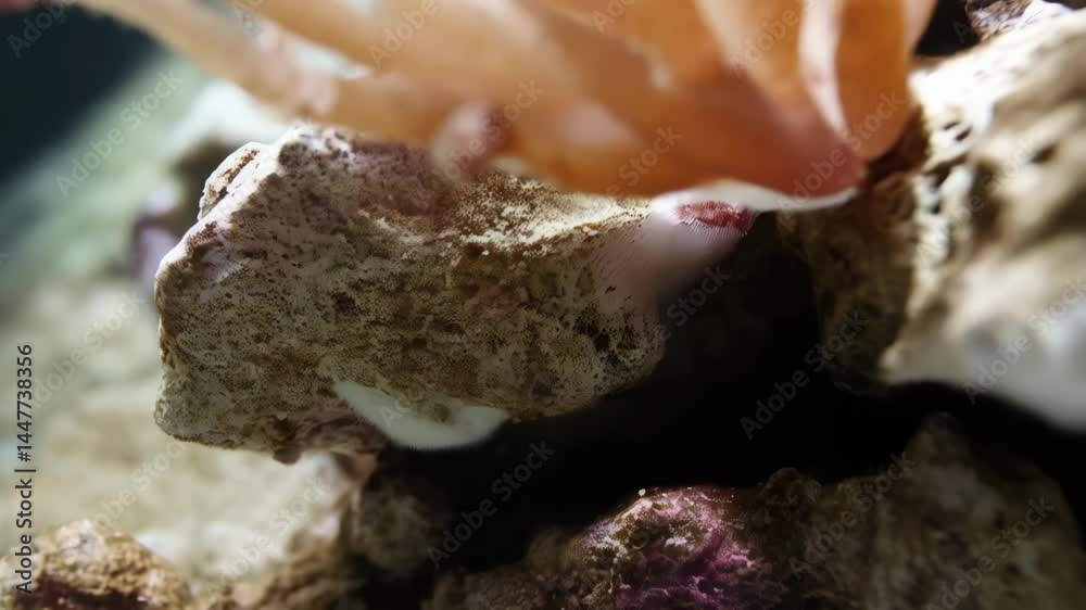 Close-up of a striking Corynactis californica aggregate anemone showcasing vibrant colors, textures, and sea life in a marine environment.