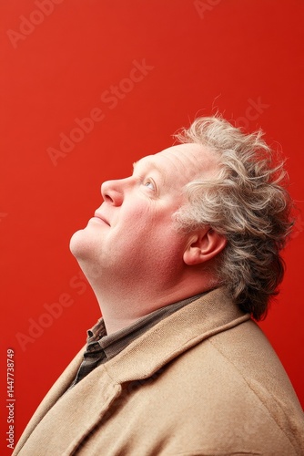 Obraz na płótnie A relaxed and charming gentleman with a bright smile. Fashionable men's ivy league haircut - midlife white man with hair. Red solid background. Drawing of style for aging men. w salonie