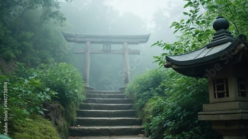 Tranquil Japanese Torii Gate in Morning Mist