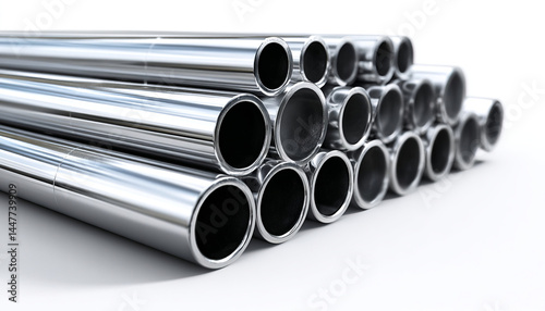 Industrial stainless steel pipes: Close-up of a set of shiny stainless steel pipes, possibly AISI 304 or 347, stacked on a white background. Ideal for illustrating industrial building materials, pipin