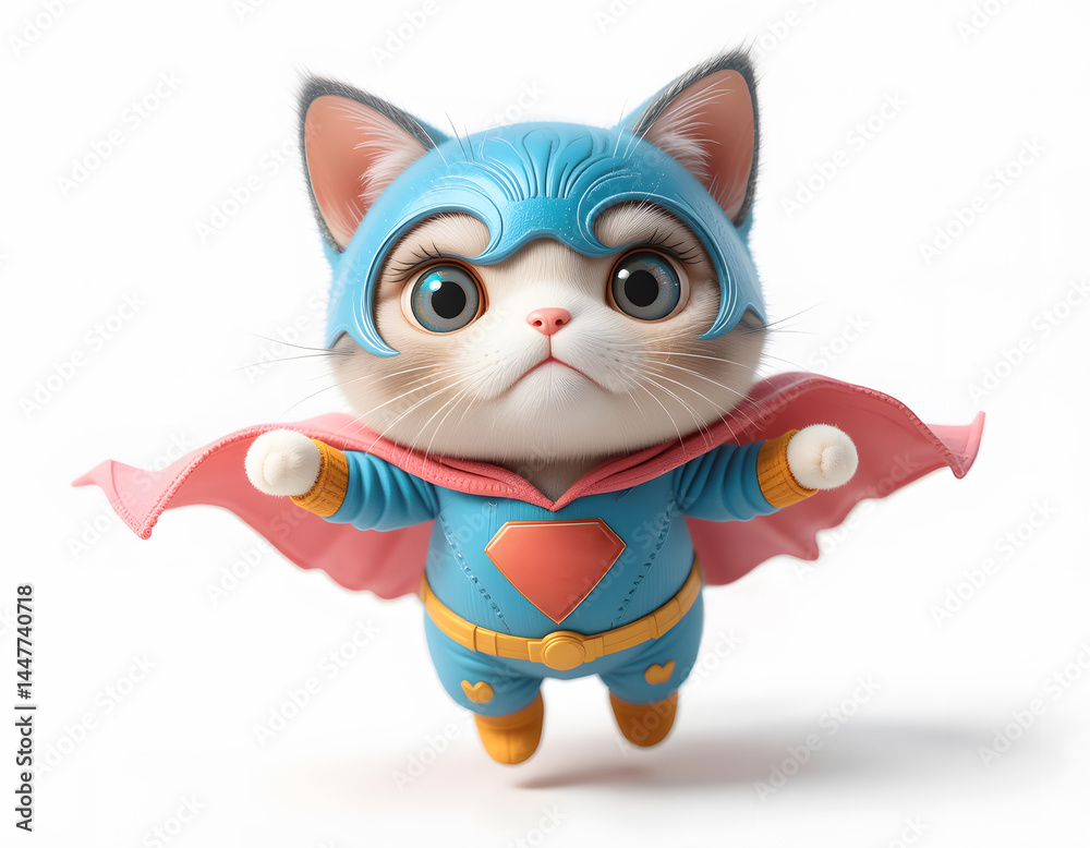 Fototapeta premium Adorable kitten dressed as a superhero in blue costume, flying forward with pink cape and confidence.