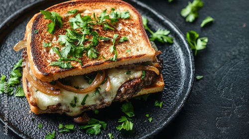 Grilled patty melt sandwich caramelized onions melted cheese rye served on a black textured plate Hearty USA diner food crispy and savory with rustic detail cut out on isolated transparent background
