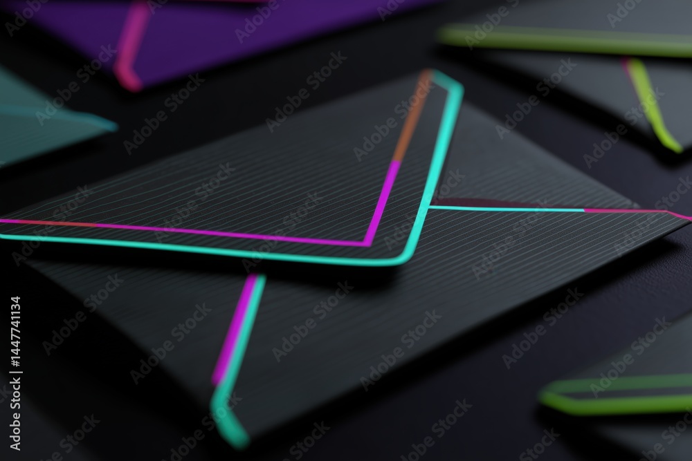Dark Envelopes With Neon Lines And Glowing Dots Digital Communication Concept Dark Envelopes With Neon Lines And Glowing Dots Digital Communication Concept
