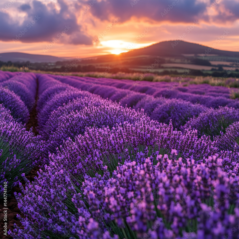 Obraz premium A serene lavender field in full bloom under a soft sunset, with rows of purple stretching into the horizon