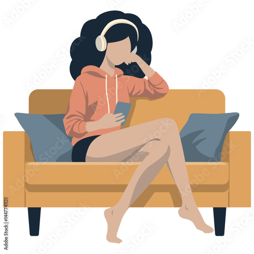 Woman Sit on Sofa and Listen to Music on Phone.