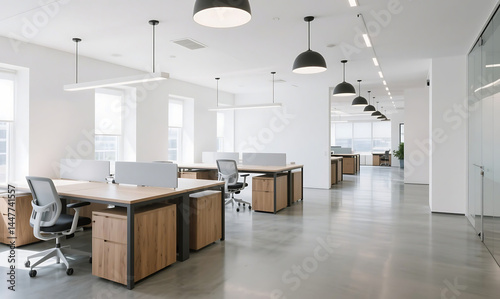 Modern futuristic office interior with innovative furniture designs, polished concrete floors, minimalist aesthetics, and high-tech workspace setup in a bright environment