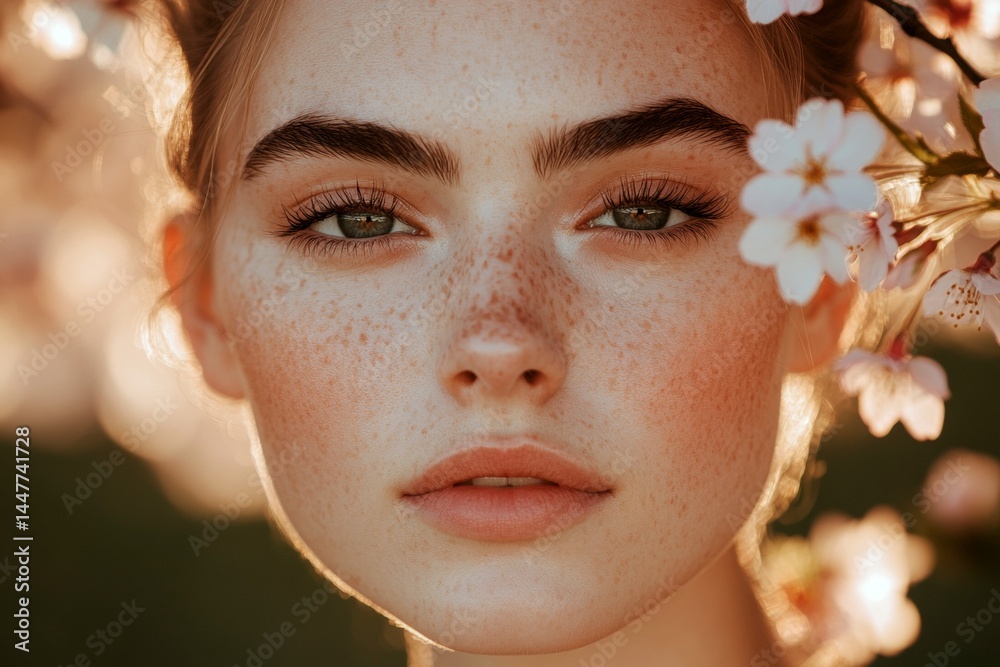 Spring mood, golden hour in sunset. Commercial promotion design art. Stunning caucasian young woman surrounded by cherry blossoms. Woman posing in spring blossoms. Bright woman in floral park.