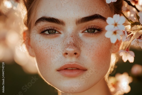 Obraz na płótnie Spring mood, golden hour in sunset. Commercial promotion design art. Stunning caucasian young woman surrounded by cherry blossoms. Woman posing in spring blossoms. Bright woman in floral park. w salonie