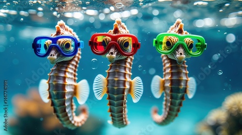 Seepferdchen mit Taucherbrille in klarer Unterwasserwelt
