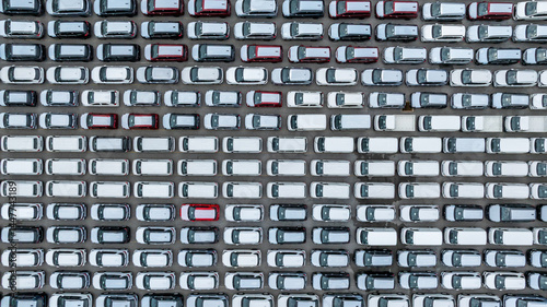 Aerial view new cars global business logistic import export transportation, New cars dealer inventory import export business logistic, New cars parking for sale automobile automotive industry business