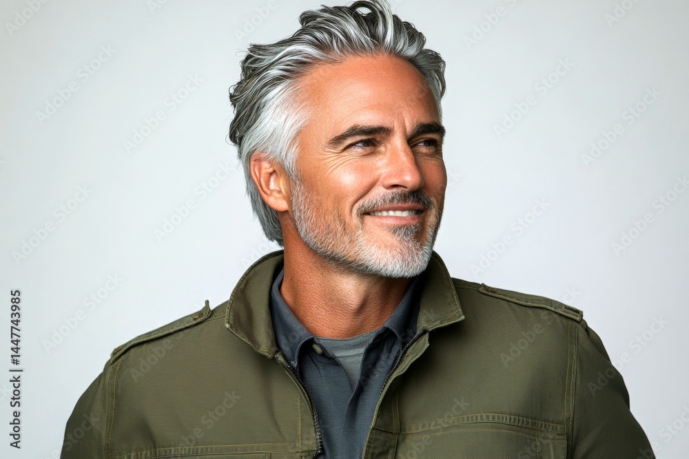 Modish men's side part haircut - midlife white man with white hair. Pure white solid background. Visual idea of style for aging men. A glowing man radiating happiness and confidence.