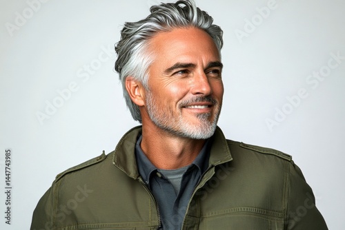 Obraz na płótnie Modish men's side part haircut - midlife white man with white hair. Pure white solid background. Visual idea of style for aging men. A glowing man radiating happiness and confidence. w salonie