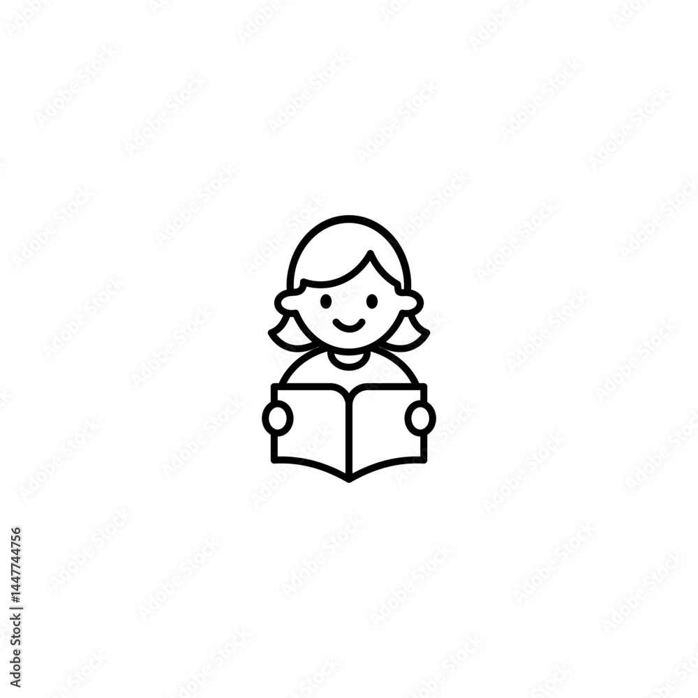 Outline minimalist Icon of Cute Girl Reading a Book – Flat Vector Design for Education and Kids Content Outline minimalist Icon of Cute Girl Reading a Book – Flat Vector Design for Education and Kids Content