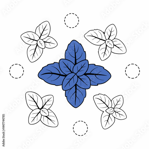 Hand-drawing Fresh basil or mint leaves arranged in circular pattern, showcasing vibrant colors and intricate details, Isolate on white background, Copy space, commercial use