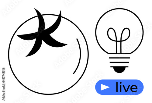Lightbulb symbolizing creativity beside a circular element with dynamic strokes suggesting energy. Blue live button adds interaction focus. Ideal for brainstorming, energy, innovation, live streams