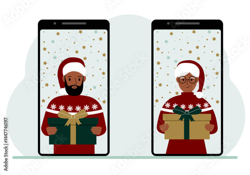 A man and a woman meet online via video conference on mobile phones to discuss Christmas and New Year holidays and gifts virtually. Vector flat illustration