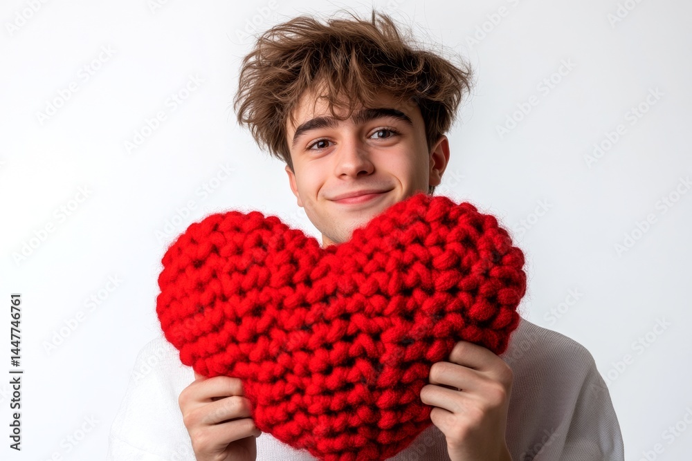 Isolated white young man on pure white background with knitted heart in hands. Cute Valentine's Day greeting. Professional studio snapshot, copyspace.