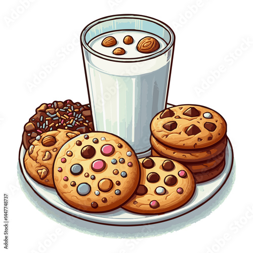 Cookies sprinkled with pieces of chocolate with small candies and a glass of milk on a white insulated background. Vector graphics. EPS.