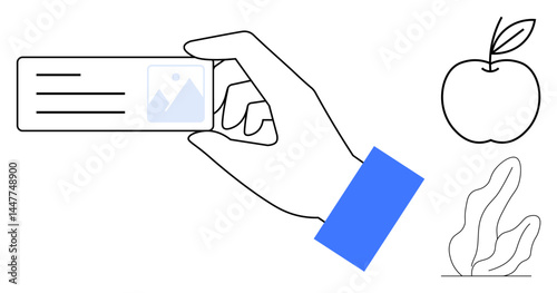 Hand holding ID-thumbs up card with image and text, simple apple and plant sketches. Ideal for branding, identity, education, professionalism, eco-friendliness, minimalism, and simple landing page