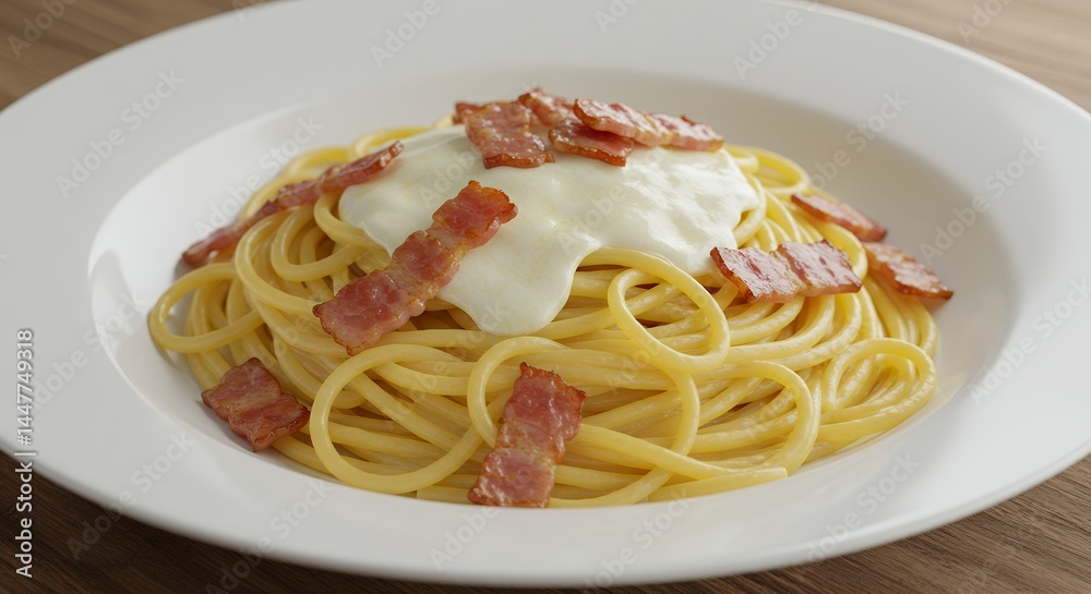 Spaghetti with Bacon on White Plate Spaghetti with Bacon on White Plate