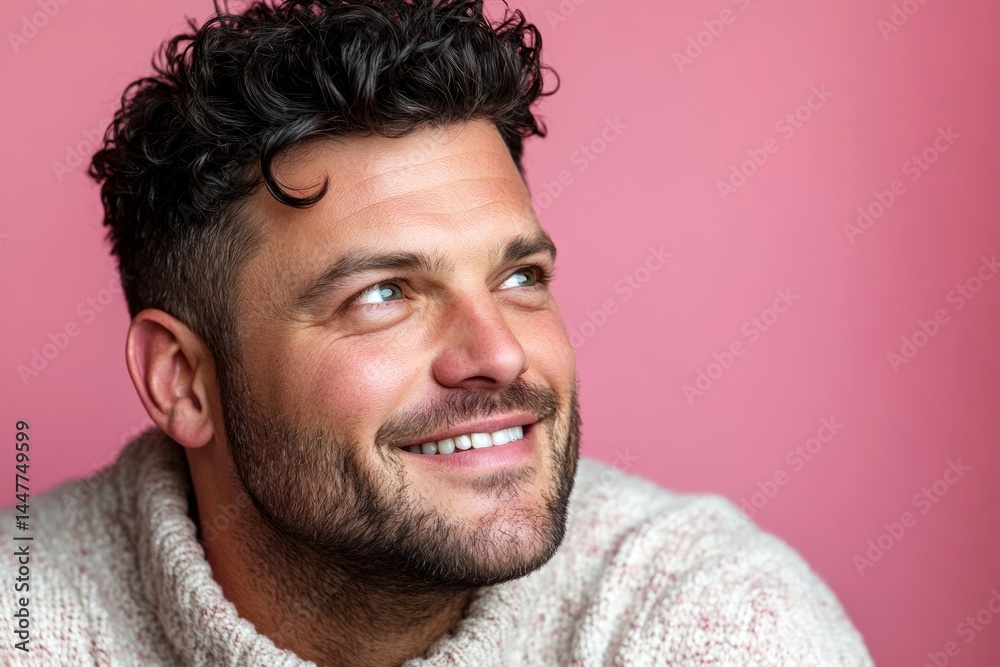Trendy men's crew cut haircut - midlife white man with black hair. Conceptual art of style for aging men. Pink solid background. A refined and stylish man with a natural look.