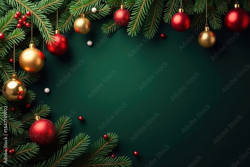 Obraz premium Dark green pine boughs laden with gold, red & white ornaments , christmas, nature