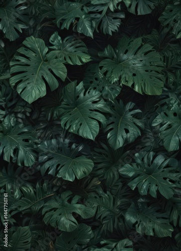 Intricate dark green tropical leaf pattern, rich color gradients, velvety texture , vibrant, illustration, gradient