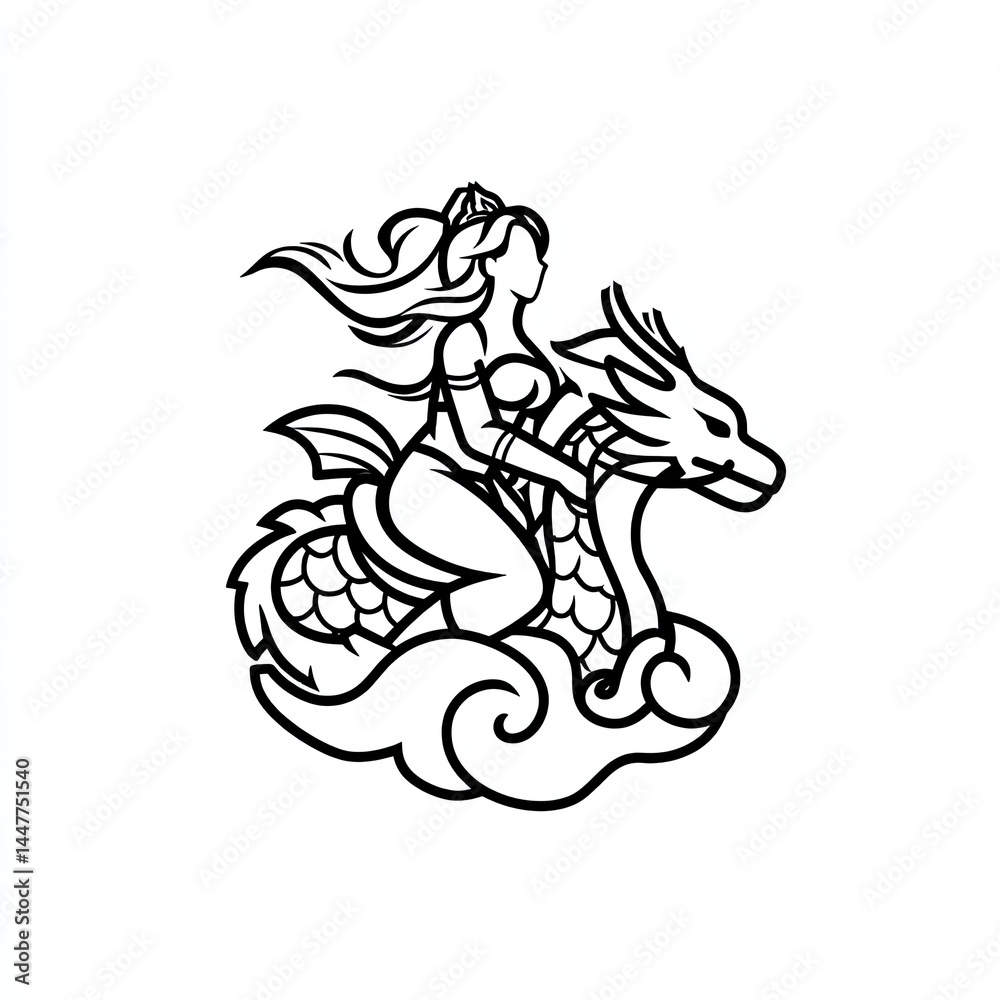 Mythical figure rides a dragon through clouds. Mythical figure rides a dragon through clouds.