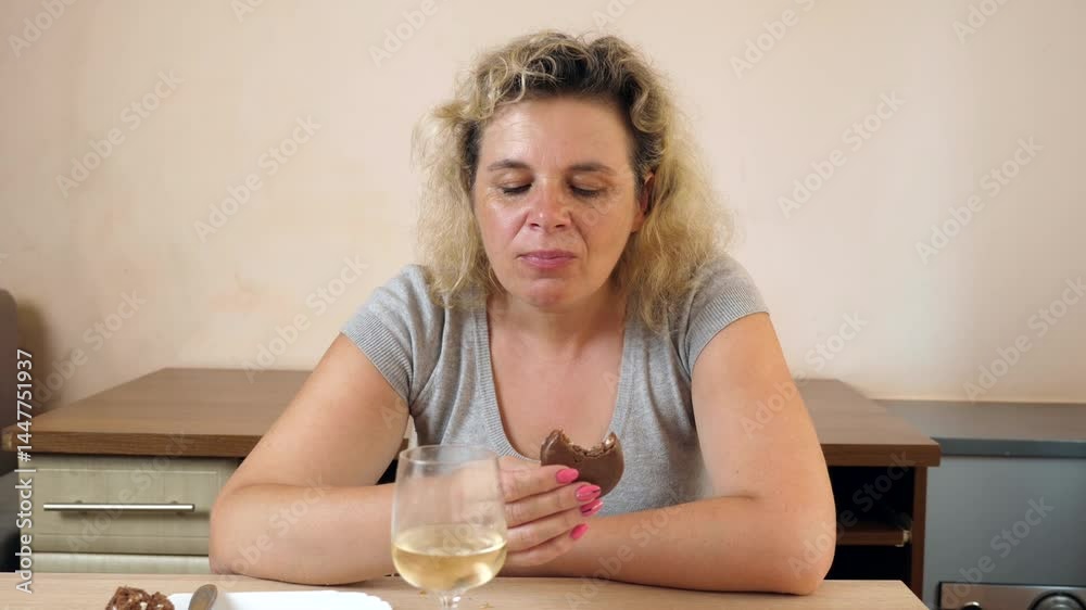 Woman eating cake while sitting at the table at home. Woman eating cake while sitting at the table at home.
