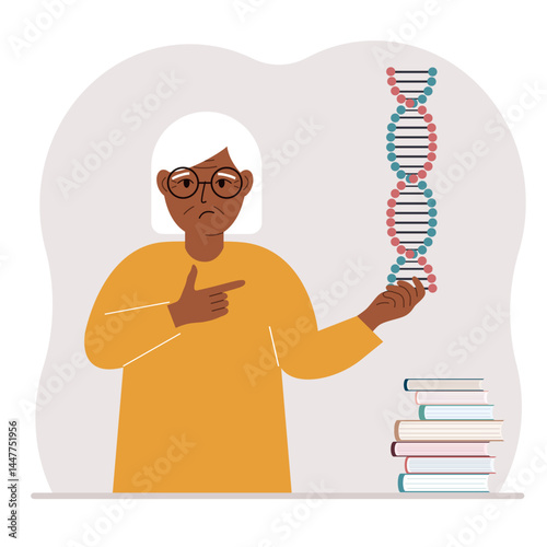A woman holds a DNA model in his hand and there are many books nearby. Vector flat illustration