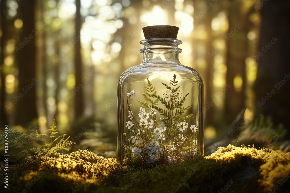 A glass bottle containing delicate wildflowers and ferns sits in a sun-dappled forest. A glass bottle containing delicate wildflowers and ferns sits in a sun-dappled forest.