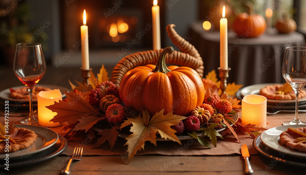 Thanksgiving Pumpkin and Cornucopia Centerpiece on Festive Table