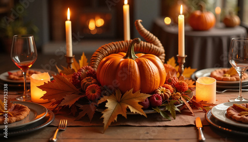Obraz na płótnie Thanksgiving Pumpkin and Cornucopia Centerpiece on Festive Table w salonie