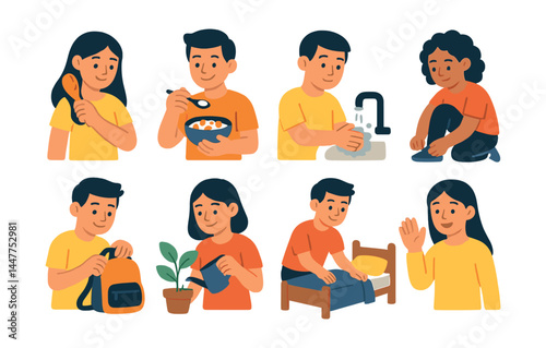 Daily routine icons set – eating, handwashing, brushing, shoe tying, backpacking