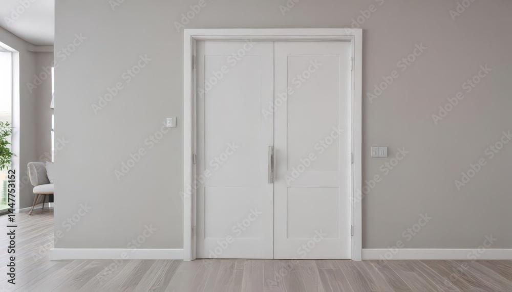 Fototapeta premium Modern white interior door, sleek handle, closed , panel door, wood
