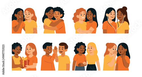 Best friends moments icons set – hug, gift, laugh, listen, whisper