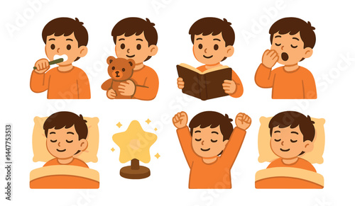 Bedtime routine icons set – brushing, teddy, reading, yawning, sleeping, lamp, stretching
