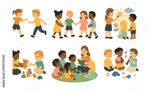 Children's group activities icons set – play, reading, cooperation, music, fun, togetherness, games, learning